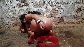 shemale stuffs huge pickle deep in ass after enema for squirting anal fun