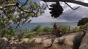 hey french beach girl i flash my cock you stroke it to mouth cumshot caught on cam