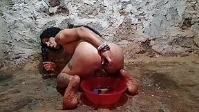 shemale stuffs huge pickle deep in ass after enema for squirting anal fun