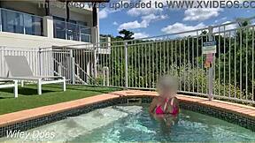 Exhibitionist Wife Dares Flash Big Tits Nude at Crowded Hotel Pool