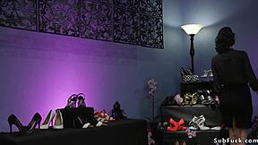 Tied foot sniffer screams as femdom strapon fucks his ass deep and hard