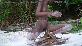 Skinny african girl prepares forest medicine bare for granny in the wild kitchen