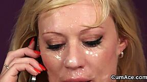 Frisky babe sucks jizz from cocks then swaps loads.