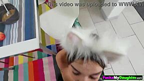 My stepdaughter slut sneaks in to deepthroat and ride my cock while daddy watches porn