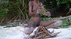 Skinny african girl prepares forest medicine bare for granny in the wild kitchen