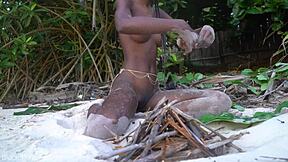 Skinny african girl prepares forest medicine bare for granny in the wild kitchen