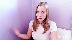 Sexy blonde babe Rita spreads and rubs her swollen shaved pussy close up