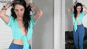 jazmin slips into leggings and wrap shirt for shoot