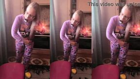 Blonde with glasses brushes long hair using lollipop ASMR