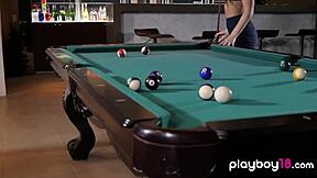whoa petite brunette scarlett rose strips big tits on pool table
