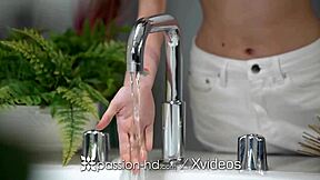 Skinny brunette toyed hard before monster cock rough fuck