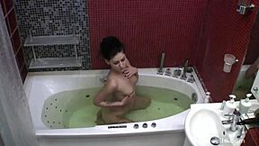 Puffy Nippled Skinny Russian Teen Aurora Slips in Bath Tub