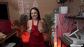 Brunette with tattoos gets choked deepthroat face fucked in jeans at sandwich shop pov cumshot