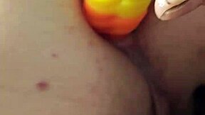 Chubby brunette gapes ass wide on massive rainbow dildo creampie
