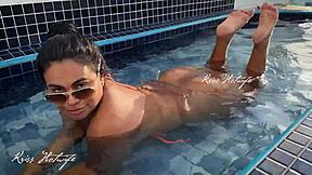 huge tanned puta wife shows off big pussy and ass in rooftop pool!