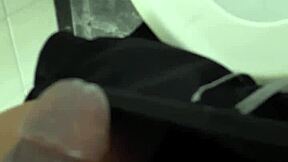 Shaved cock masturbated close-up in dirty restroom cum blast