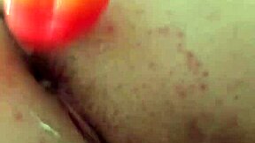Chubby brunette gapes ass wide on massive rainbow dildo creampie