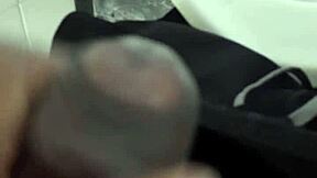 Shaved cock masturbated close-up in dirty restroom cum blast