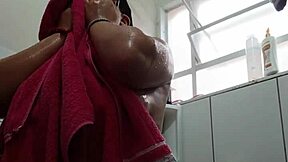 cute brazilian amateur flashes big pussy lips clit in steamy bath with toy