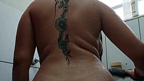 cute brazilian amateur flashes big pussy lips clit in steamy bath with toy