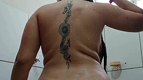 cute brazilian amateur flashes big pussy lips clit in steamy bath with toy