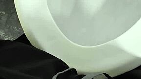 Shaved cock masturbated close-up in dirty restroom cum blast