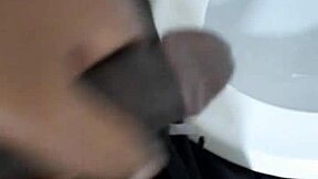 Shaved cock masturbated close-up in dirty restroom cum blast