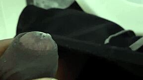 Shaved cock masturbated close-up in dirty restroom cum blast