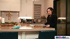 Petite Milf's Small Tits Bounce as She Footfucks Blonde Neighbor's Wet Hairy Pussy!