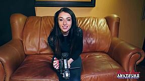 Petite Olyssia and kinky Ryann lick shaved twats then share throbbing cock pov
