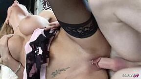 blindfolded guy milked hard by huge titted cougar milf in lingerie