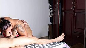 brunette latina milf deepthroats then rides bareback till pussy creampie