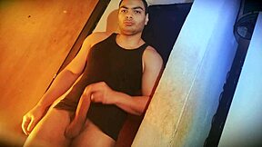 Muscular hunk's huge cock hard against sexy wall 😏