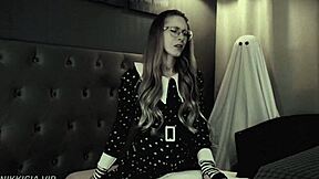 wednesday addams cosplay blonde rides cock moaning her tight pussy sounds