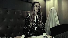 wednesday addams cosplay blonde rides cock moaning her tight pussy sounds
