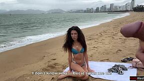 Crazy Hottie Flashes Tits on Beach and Lets Stranger Cum All Over Them!