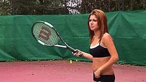 curvy blonde latina threesome bends over doggystyle on tennis court for rough pussy riding and squirting