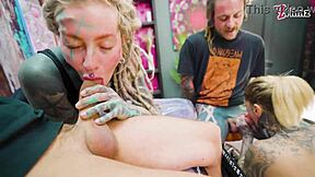 yo tattooed hottie joins big dick foursome for sloppy anal n cumshots hey