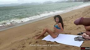Crazy Hottie Flashes Tits on Beach and Lets Stranger Cum All Over Them!