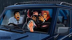 Pussy-Girl's Car Fuck Taunts Cuckold Hentai Watcher!