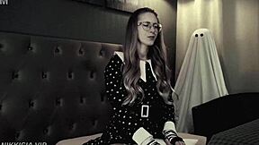wednesday addams cosplay blonde rides cock moaning her tight pussy sounds