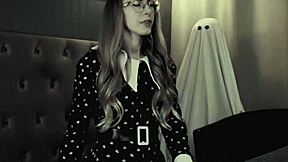 wednesday addams cosplay blonde rides cock moaning her tight pussy sounds