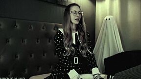wednesday addams cosplay blonde rides cock moaning her tight pussy sounds