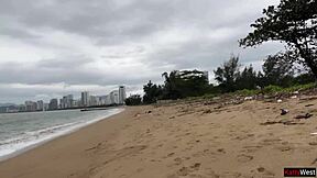 Crazy Hottie Flashes Tits on Beach and Lets Stranger Cum All Over Them!