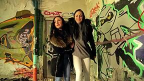 Julia Parker and Maria Gail risk no condom FFM 3some with huge cocks outdoors