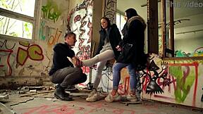 Julia Parker and Maria Gail risk no condom FFM 3some with huge cocks outdoors