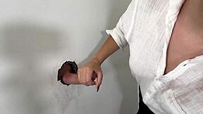 Blonde petite slut deepthroats then fucks random cock through gloryhole booth