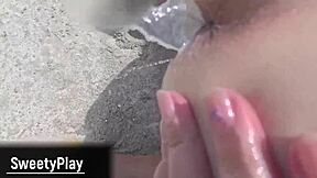 Chubby wife does outdoor anal milk enema creampie right on the beach