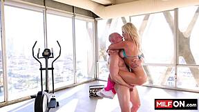 Horny Big Ass Blonde Slut Fingers Cunt Deepthroated at Gym