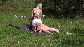 Two big ass lesbians grope juicy pussies outdoors in panties!